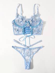 刺繡貼花網紗鋼圈內衣褲套裝 - 淺藍色 - 查看 3