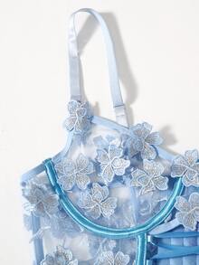 刺繡貼花網紗鋼圈內衣褲套裝 - 淺藍色 - 查看 4