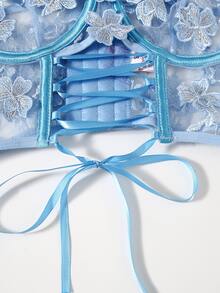 刺繡貼花網紗鋼圈內衣褲套裝 - 淺藍色 - 查看 5