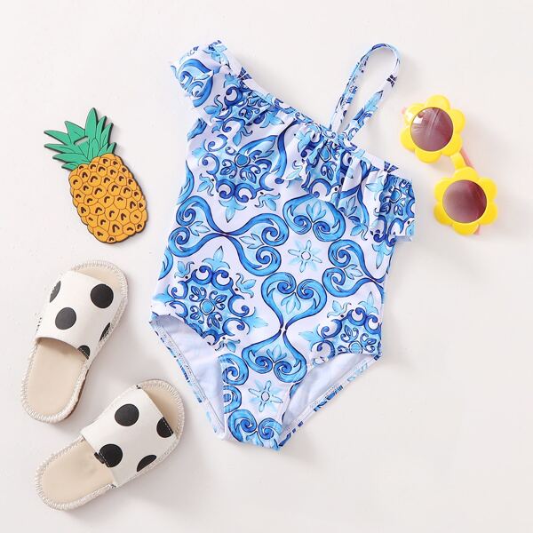 

Baby Girl Random Floral Ruffle One Piece Swimsuit, Blue and white