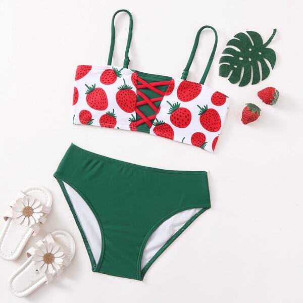 

Girls Strawberry Print Crisscross Bikini Swimsuit, Multicolor
