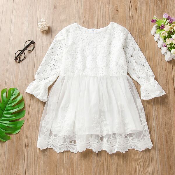 

Toddler Girls Lace Bodice Contrast Mesh Dress, White