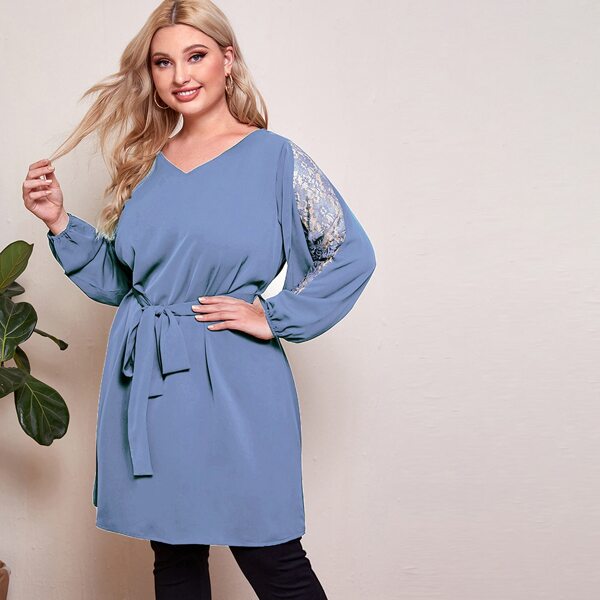 

Plus Lace Panel V-neck Self Tie Blouse, Blue