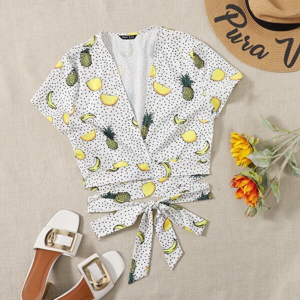 

Fruit & Polka Dot Print Wrap Belted Top, Multicolor
