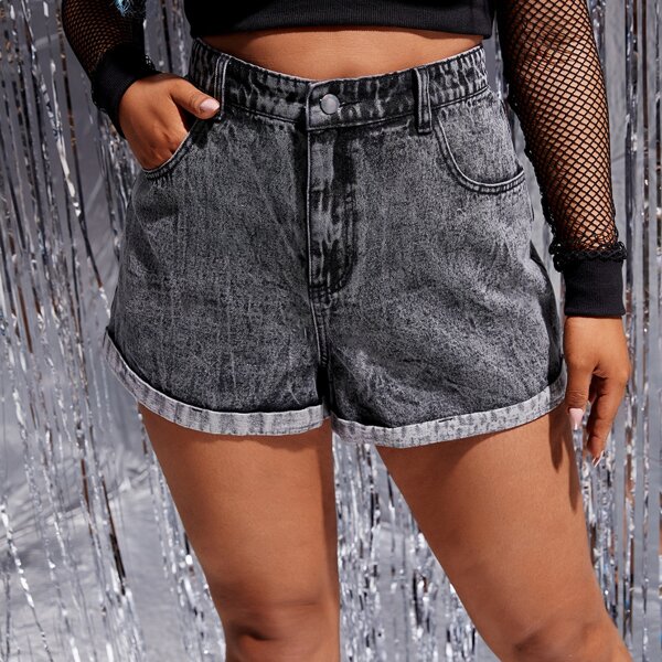 

Plus Rolled Hem Denim Shorts, Black