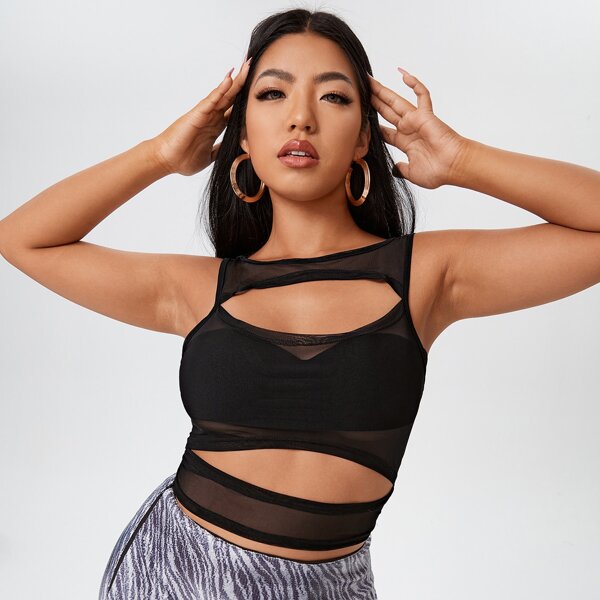 

Plus Cut Out Crop Sheer Mesh Top, Black