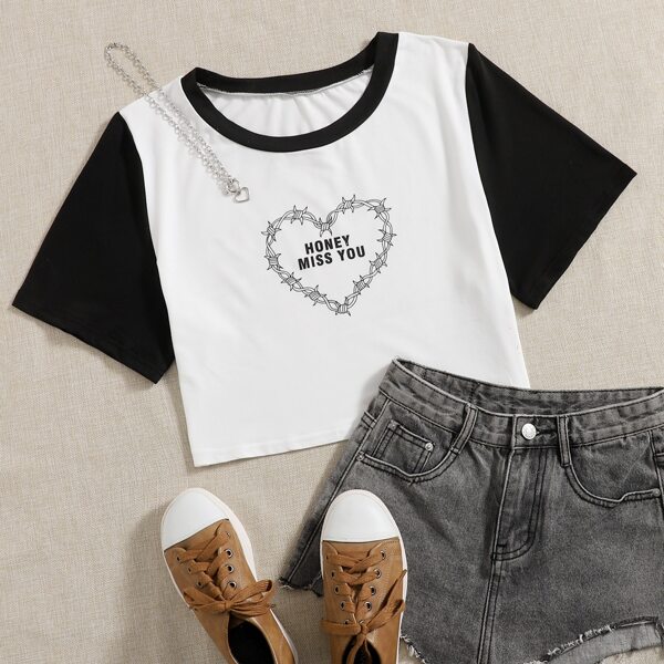 

Plus Slogan Graphic Colorblock Crop Tee, White