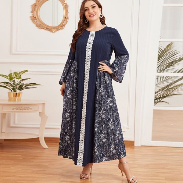 

Plus Marble Print Contrast Lace Maxi Dress, Navy blue