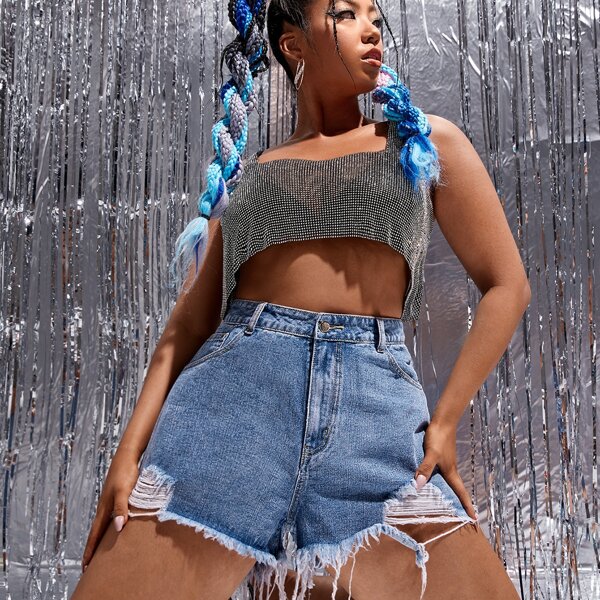 

Plus High Waist Ripped Raw Hem Denim Shorts, Medium wash