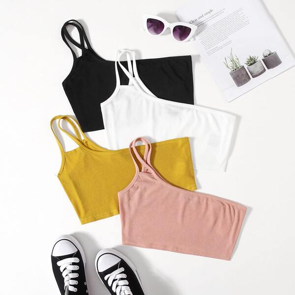 

4pcs Ribbed One Shoulder Crop Top, Multicolor