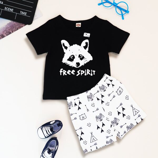 

Baby Boy Raccoon & Letter Graphic Tee & Shorts, Black and white