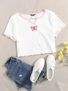 SHEIN EZwear 大碼缺口V領蝴蝶貼布滾邊T恤 - 白色 - 查看 1