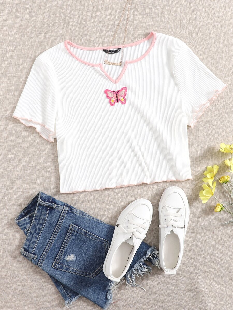 SHEIN EZwear 大碼缺口V領蝴蝶貼布滾邊T恤 - 白色 - 查看 1