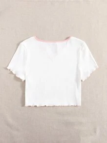 SHEIN EZwear 大碼缺口V領蝴蝶貼布滾邊T恤 - 白色 - 查看 2