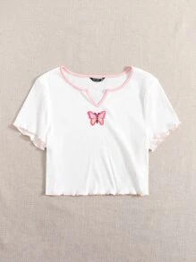 SHEIN EZwear 大碼缺口V領蝴蝶貼布滾邊T恤 - 白色 - 查看 4