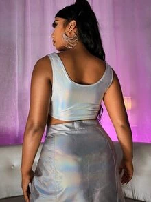 SHEIN Unity Top de tirantes de talla grande Lazada Liso Glamour - Plateado - Ver 2