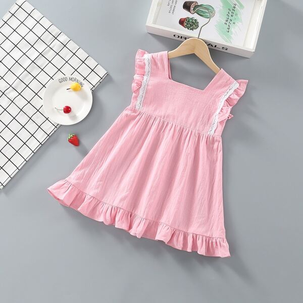 

Toddler Girls Ruffle Hem Lace Trimed Dress, Baby pink
