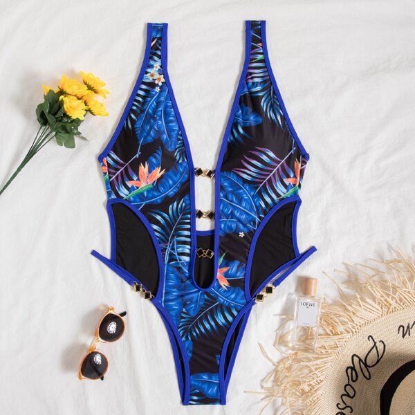 

Tropical & Floral Cut-out Plunging One Piece Swimsuit, Blue