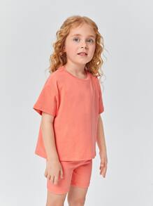 SHEIN Toddler Girls Cotton Drop Shoulder Top & Cycling Shorts Set - Coral Orange - View 5