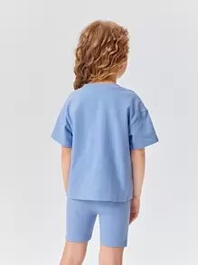 SHEIN Young Girl Cotton Drop Shoulder Top & Biker Shorts Set - Blue - View 2