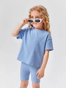 SHEIN Young Girl Cotton Drop Shoulder Top & Biker Shorts Set - Blue - View 3