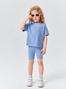 SHEIN Young Girl Cotton Drop Shoulder Top & Biker Shorts Set - Blue - View 4