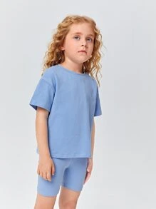 SHEIN Young Girl Cotton Drop Shoulder Top & Biker Shorts Set - Blue - View 5