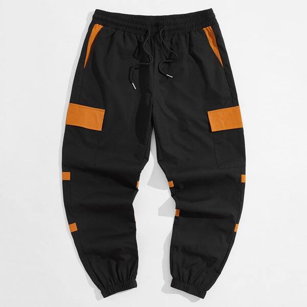 

Men Flap Pocket Drawstring Waist Cargo Pants, Black