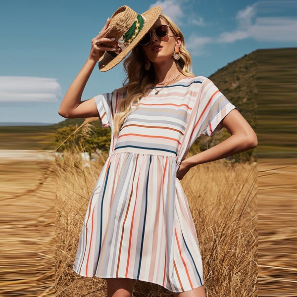 

Striped Print Batwing Sleeve Smock Dress, Multicolor