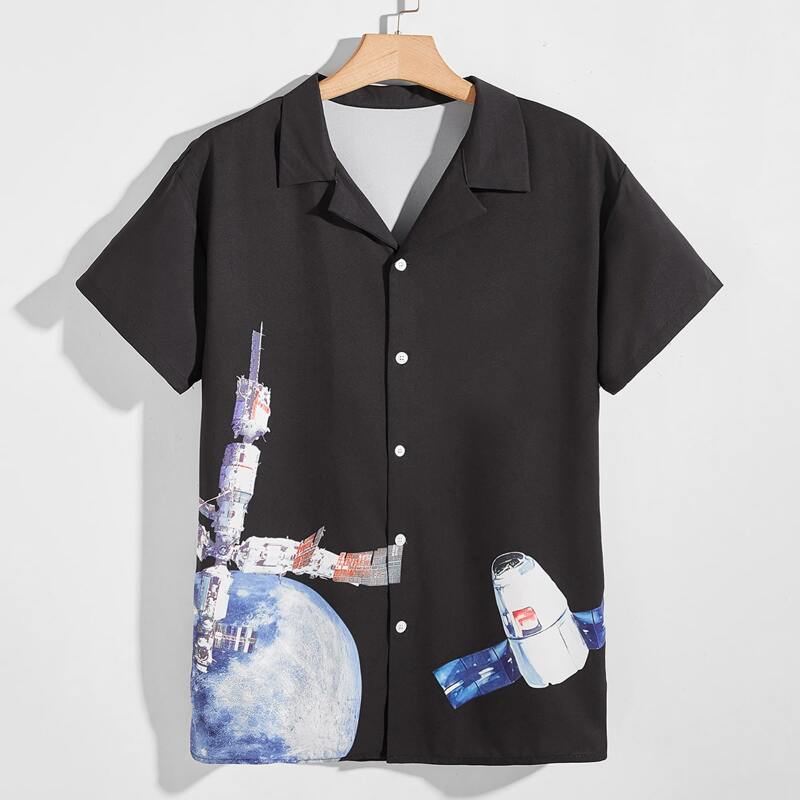 

Guys Satellite Print Lapel Neck Shirt, Black