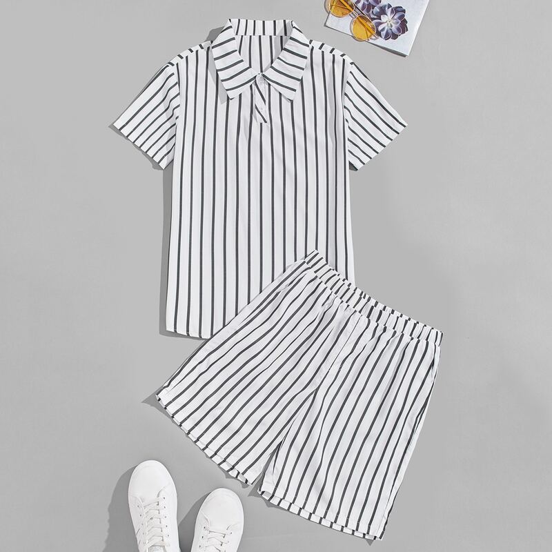 

Guys Half Button Striped Shirt With Shorts, Black and white