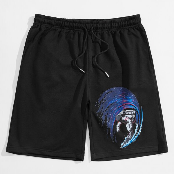 

Men Astronaut Print Drawstring Shorts, Black