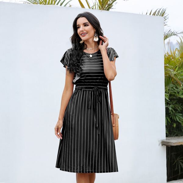 

Striped Butterfly Sleeve Midi Dress, Black