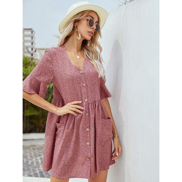 

Платье с пуговицами и принтом, Пыльный розовый