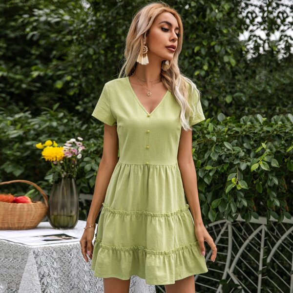 

Buttoned Front Frill Trim Layered Dress, Lime green