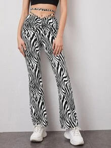 SHEIN EZwear Zebra Striped Ruched Crisscross Tie Back Waist Flare Leg Trousers - Black and White - View 3
