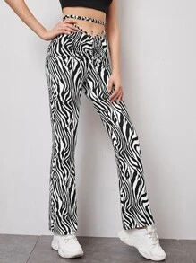 SHEIN EZwear Zebra Striped Ruched Crisscross Tie Back Waist Flare Leg Trousers - Black and White - View 4
