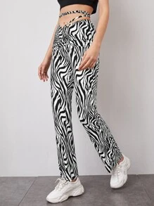 SHEIN EZwear Zebra Striped Ruched Crisscross Tie Back Waist Flare Leg Trousers - Black and White - View 5