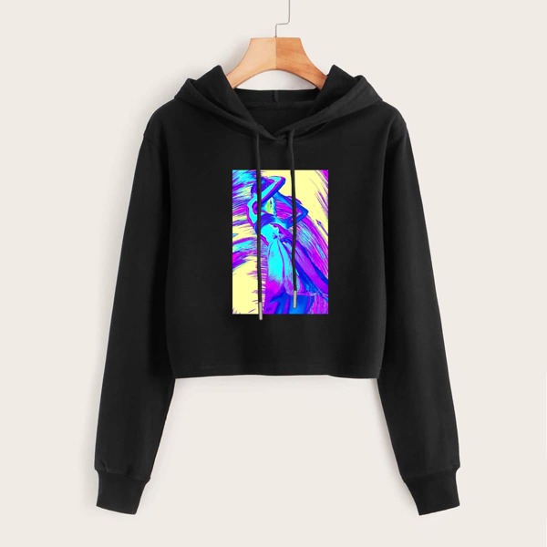 

Graphic Print Drawstring Crop Hoodie, Black