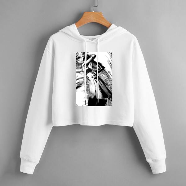 

Graphic Print Drawstring Crop Hoodie Without Bag, White