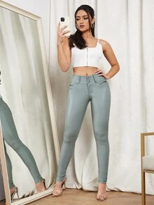 SHEIN Privé High Waist Coated Skinny Jeans - Mint Green - View 2
