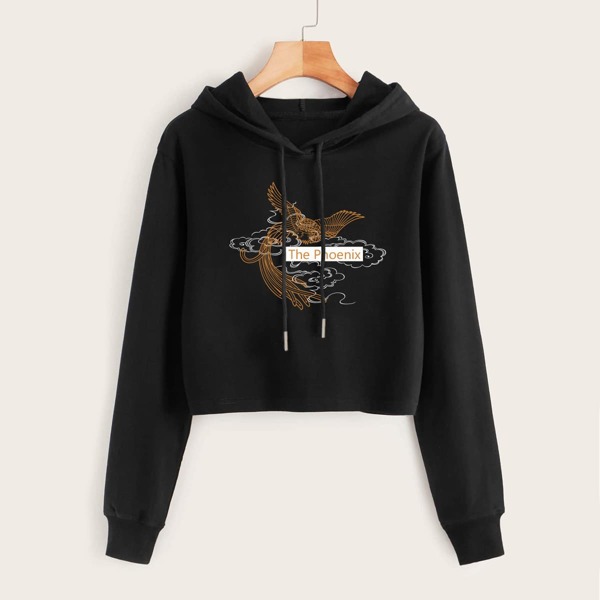 

Graphic Print Crop Drawstring Hoodie, Black