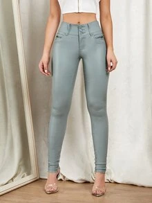 SHEIN Privé High Waist Coated Skinny Jeans - Mint Green - View 3
