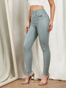 SHEIN Privé High Waist Coated Skinny Jeans - Mint Green - View 4