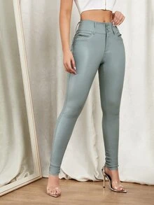 SHEIN Privé High Waist Coated Skinny Jeans - Mint Green - View 5