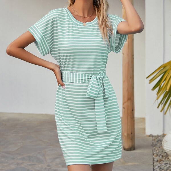 

Batwing Sleeve Belted Striped Print Dress, Mint green