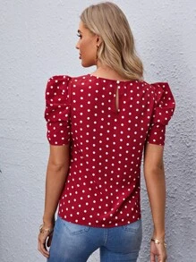 SHEIN Clasi Áo sơ mi Nút Chấm bi Giải trí - Đỏ - Xem 2