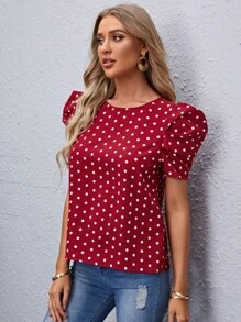 SHEIN Clasi Áo sơ mi Nút Chấm bi Giải trí - Đỏ - Xem 3