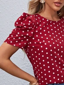 SHEIN Clasi Áo sơ mi Nút Chấm bi Giải trí - Đỏ - Xem 4