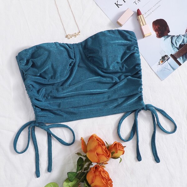 

Drawstring Knot Ruched Tube Top, Dusty blue